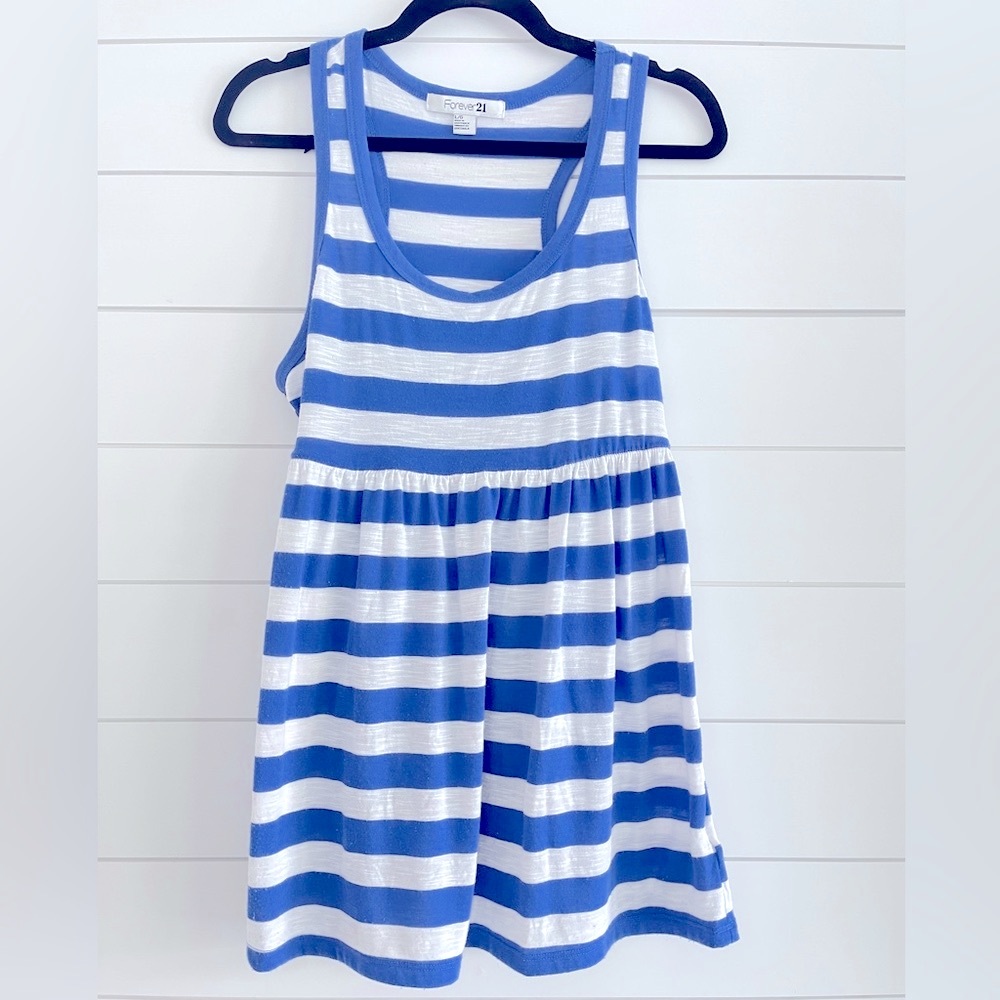 Forever 21, Blue & White Striped Babydoll Tank, Size Large
